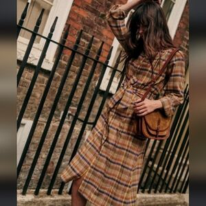 Sezane Alix Dress Folk Check Plaid Print Midi Size 34/2